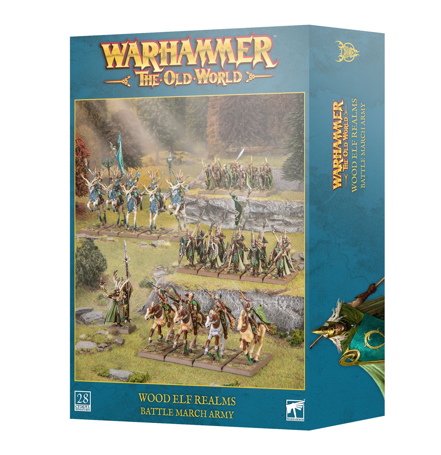 Warhammer: The Old World Wood Elf Realms Battle March Army box set by 23 Games, featuring a teal box with a detailed illustration of painted fantasy armies and the Warhammer logo.