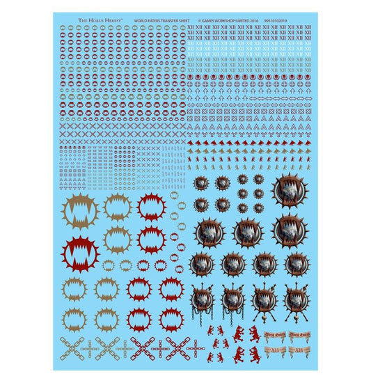 Sheet of decal stickers with various designs on a blue background