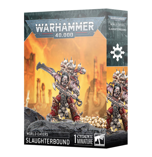 Warhammer 40,000 game box featuring a miniature figure with a sword on an orange background