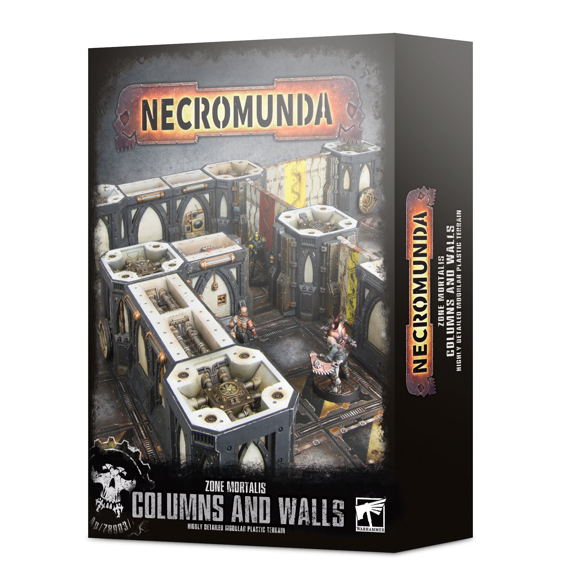 Necromunda game box with architectural models and text on a white background