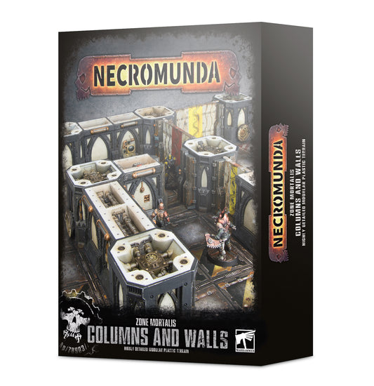 Necromunda game box with architectural models and text on a white background