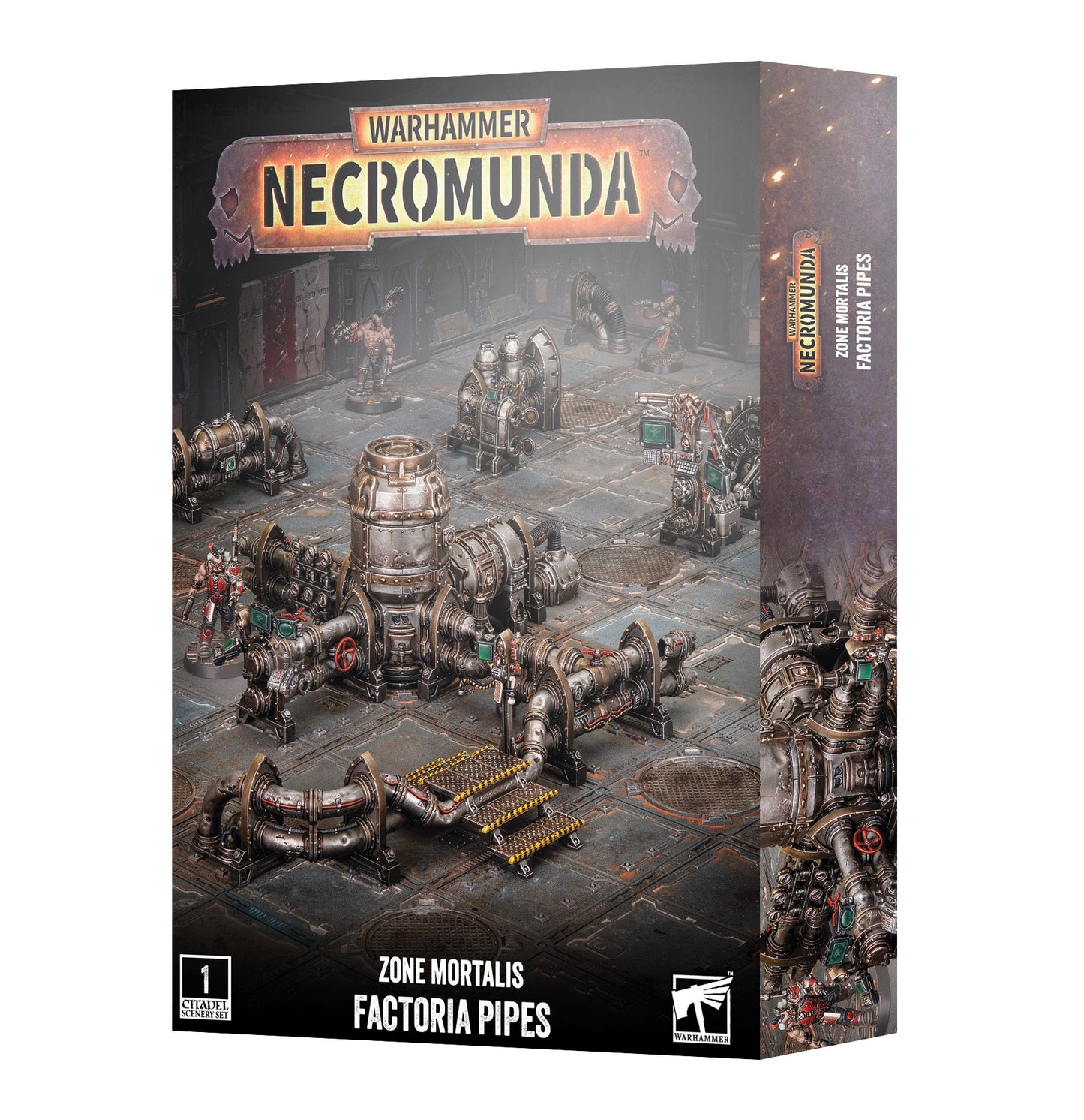 Warhammer Necromunda Zone Mortalis Factoria Pipes tabletop gaming box by Games Workshop, showing illustrated industrial pipes and machinery on the front and spine against a black background.