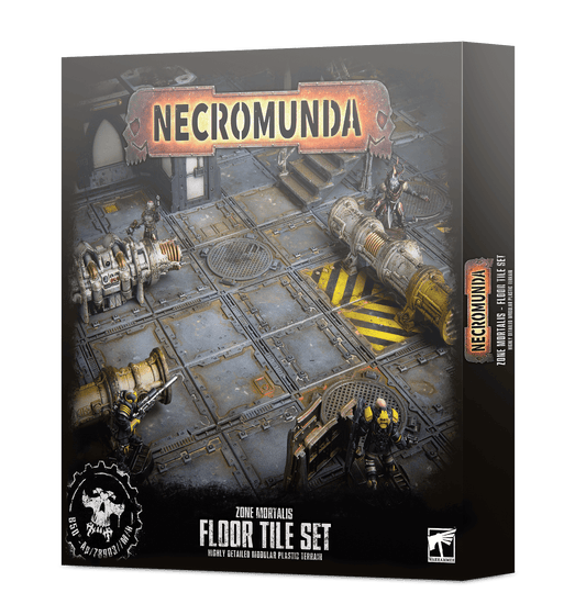 Necromunda floor tile set packaging with game pieces on a dark background