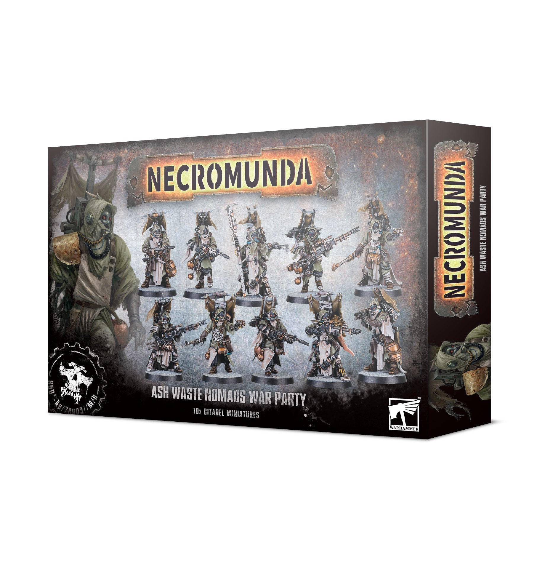 Box of Necromunda Ash Waste Nomads War Party miniatures, featuring detailed Citadel miniatures of nomadic warriors in post-apocalyptic attire, with a prominent illustration of a masked character on the left side and the Necromunda logo at the top.