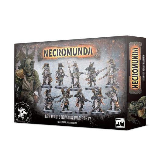 Box of Necromunda Ash Waste Nomads War Party miniatures, featuring detailed Citadel miniatures of nomadic warriors in post-apocalyptic attire, with a prominent illustration of a masked character on the left side and the Necromunda logo at the top.
