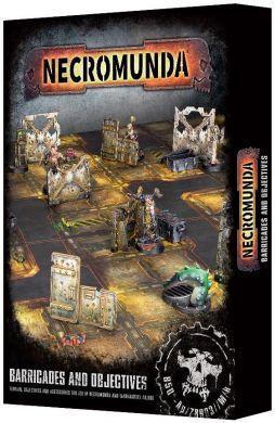 Packaging for Necromunda game showing a detailed illustration of the game's barricades and objectives, including various pieces like crates, barricades, and traps.
