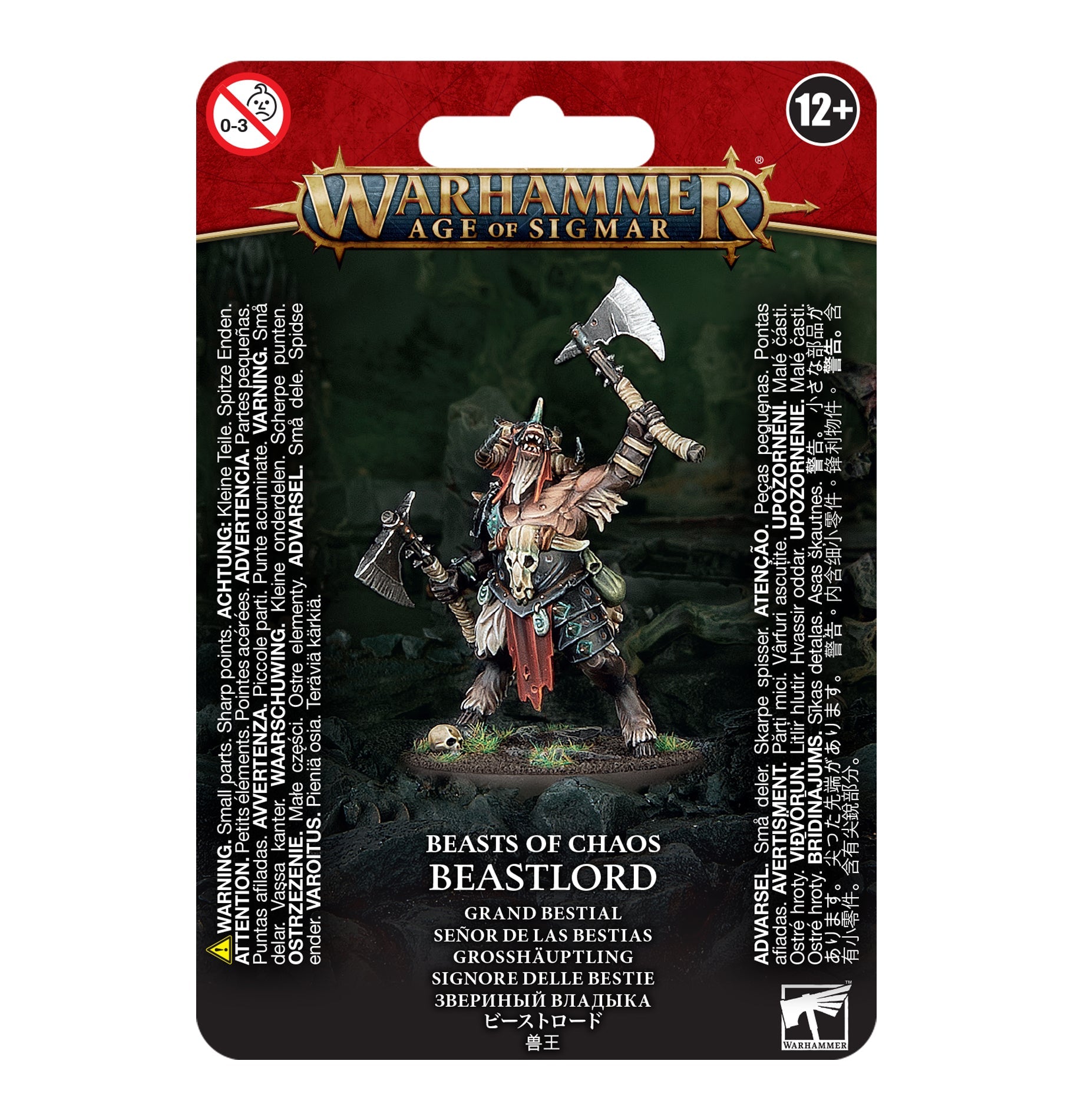 Warhammer Age of Sigmar Beasts of Chaos Beastlord miniature packaging. The front shows a detailed Beastlord model wielding two axes, standing on a rocky base with skulls, set against a dark green background with multilingual product info.