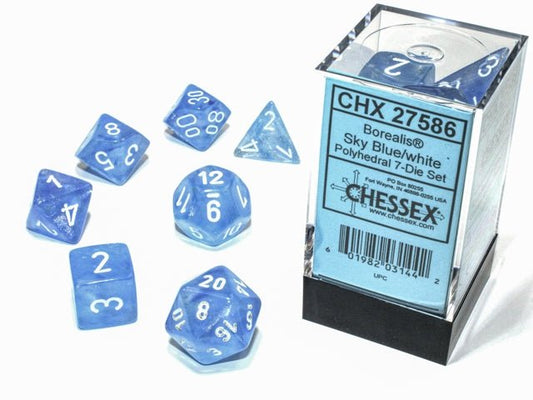 Chessex Dice: 7 Die Set - Borealis - Sky Blue with White (CHX 27586) - Gamescape