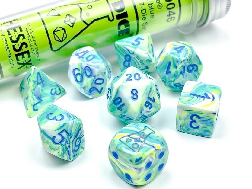 Chessex Dice: 7 Die Set - Festive - Garden with Blue (CHX 30046) - Gamescape