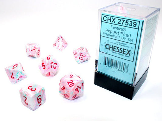 Chessex Dice: 7 Die Set - Festive - Pop Art with Red (CHX 27539) - Gamescape