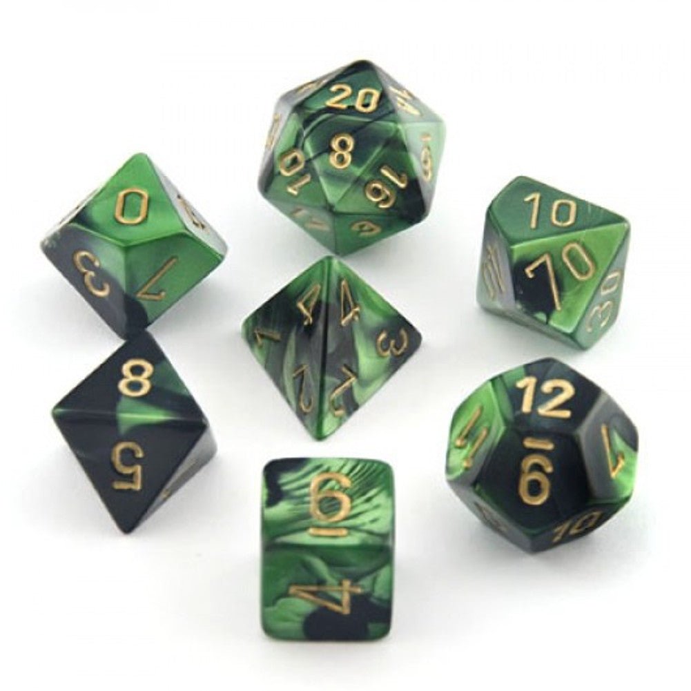 Chessex Dice: 7 Die Set - Gemini - Black-Green with Gold (CHX 26439) - Gamescape