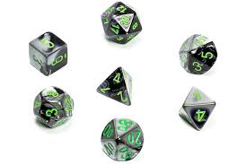 Chessex Dice: 7 Die Set - Gemini - Black-Grey with Green (CHX 26445) - Gamescape