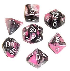Chessex Dice: 7 Die Set - Gemini - Black-Pink with White (CHX 26430) - Gamescape