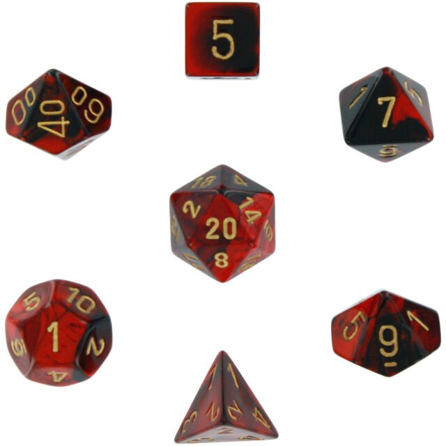 Chessex Dice: 7 Die Set - Gemini - Black-Red with Gold (CHX 26433) - Gamescape