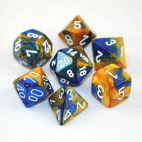 Chessex Dice: 7 Die Set - Gemini - Blue-Gold with White (CHX 26422) - Gamescape