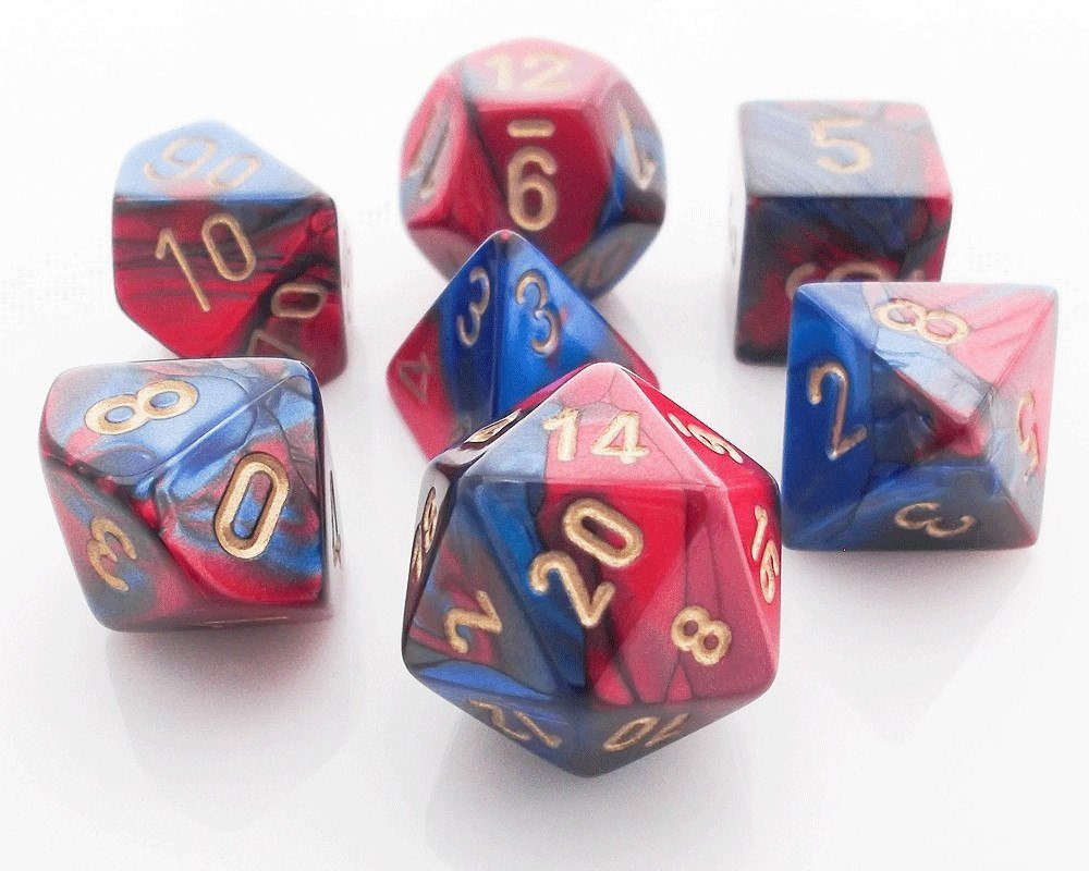 Chessex Dice: 7 Die Set - Gemini - Blue-Red with Gold (CHX 26429) - Gamescape