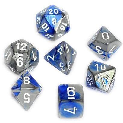 Chessex Dice: 7 Die Set - Gemini - Blue-Steel with White (CHX 26423) - Gamescape