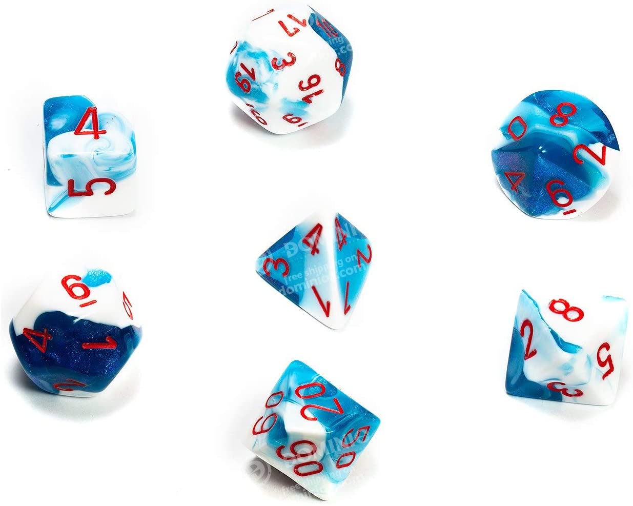 Chessex Dice: 7 Die Set - Gemini - Blue-White with Red (CHX 26457) - Gamescape