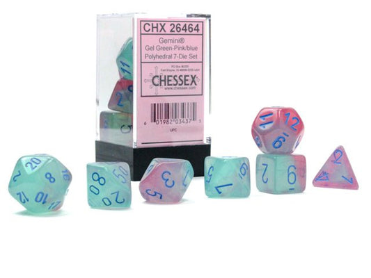Chessex Dice: 7 Die Set - Gemini - Gel Green-Pink with Blue (CHX 26464) - Gamescape