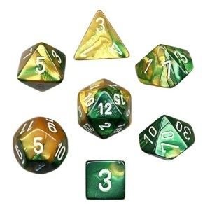 Chessex Dice: 7 Die Set - Gemini - Gold-Green with White (CHX 26425) - Gamescape