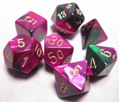 Chessex Dice: 7 Die Set - Gemini - Green-Purple with Gold (CHX 26434) - Gamescape