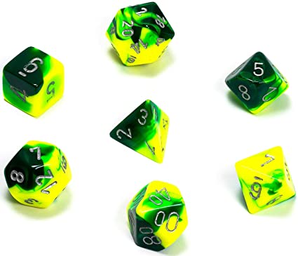Chessex Dice: 7 Die Set - Gemini - Green-Yellow with Silver (CHX 26454) - Gamescape