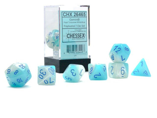 Chessex Dice: 7 Die Set - Gemini - Pearl Turquoise-White with Blue (CHX 26465) - Gamescape