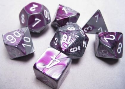 Chessex Dice: 7 Die Set - Gemini - Purple-Steel with White (CHX 26432) - Gamescape