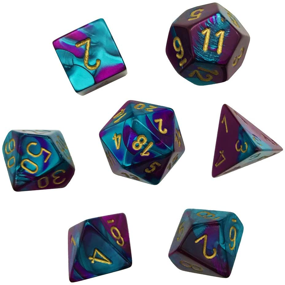 Chessex Dice: 7 Die Set - Gemini - Purple-Teal with Gold (CHX 26449) - Gamescape