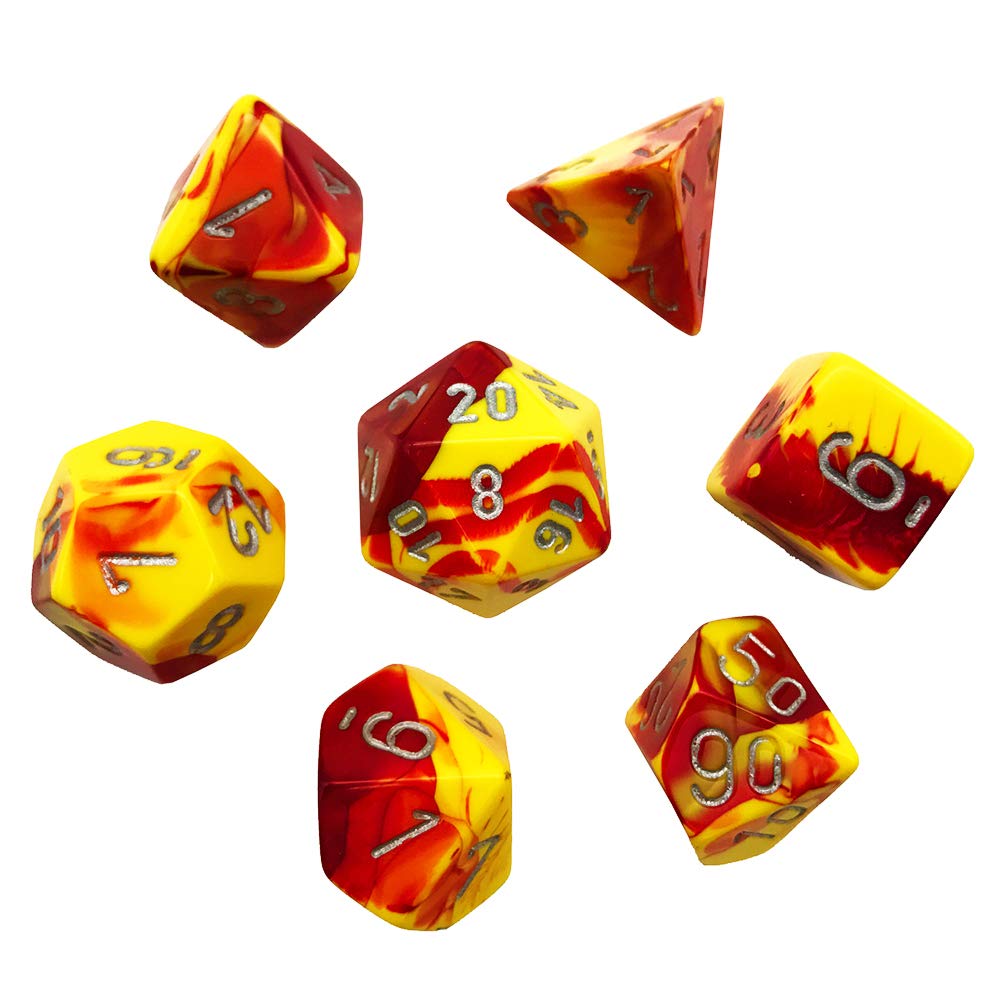 Chessex Dice: 7 Die Set - Gemini - Red-Yellow with Silver (CHX 26450) - Gamescape