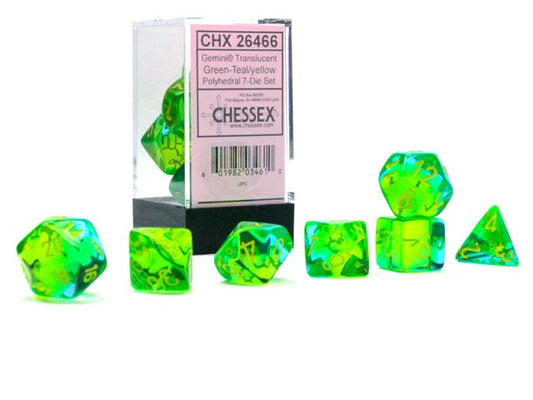 Chessex Dice: 7 Die Set - Gemini - Translucent Green-Teal with Yellow (CHX 26466) - Gamescape