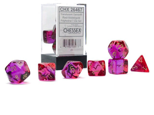 Chessex Dice: 7 Die Set - Gemini - Translucent - Red-Violet with Gold (CHX 26467) - Gamescape