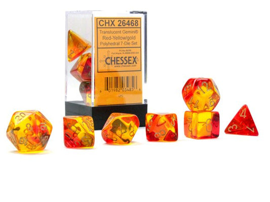 Chessex Dice: 7 Die Set - Gemini - Translucent - Red-Yellow with Gold (CHX 26468) - Gamescape