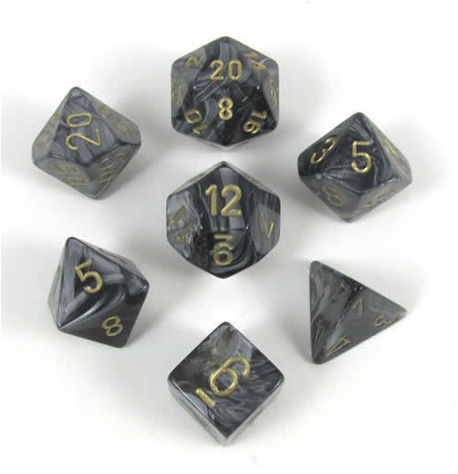 Chessex Dice: 7 Die Set - Lustrous - Black with Gold (CHX 27498) - Gamescape