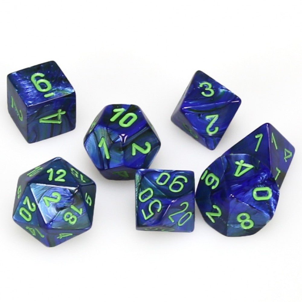 Chessex Dice: 7 Die Set - Lustrous - Dark Blue with Green (CHX 27496) - Gamescape