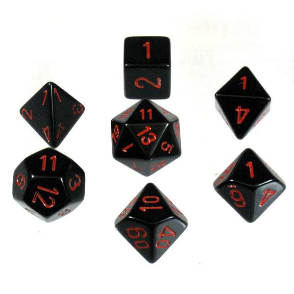 Chessex Dice: 7 Die Set - Opaque - Black with Red (CHX 25418) - Gamescape