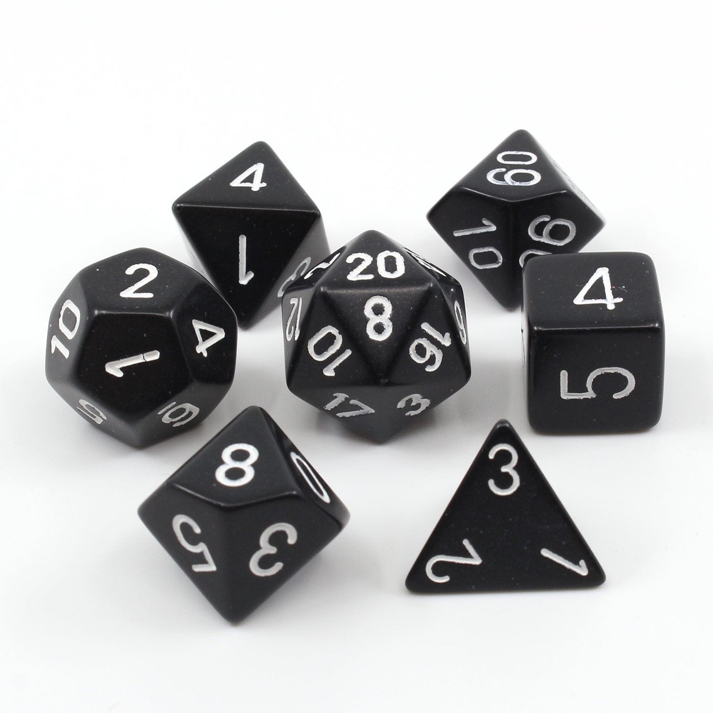 Chessex Dice: 7 Die Set - Opaque - Black with White (CHX 25408) - Gamescape