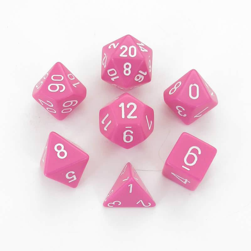 Chessex Dice: 7 Die Set - Opaque - Pink with White (CHX 25444) - Gamescape