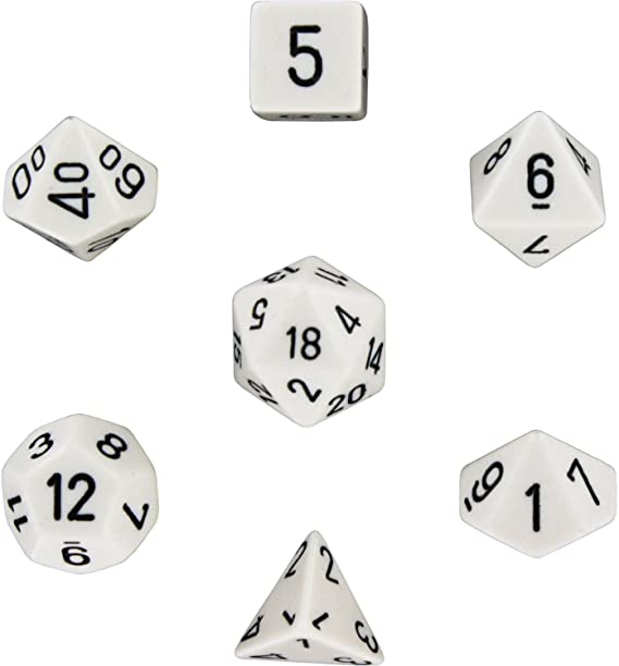 Chessex Dice: 7 Die Set - Opaque - White with Black (CHX 25401) - Gamescape