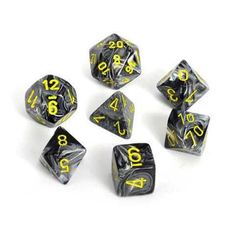Chessex Dice: 7 Die Set - Vortex - Black with Yellow (CHX 27438) - Gamescape