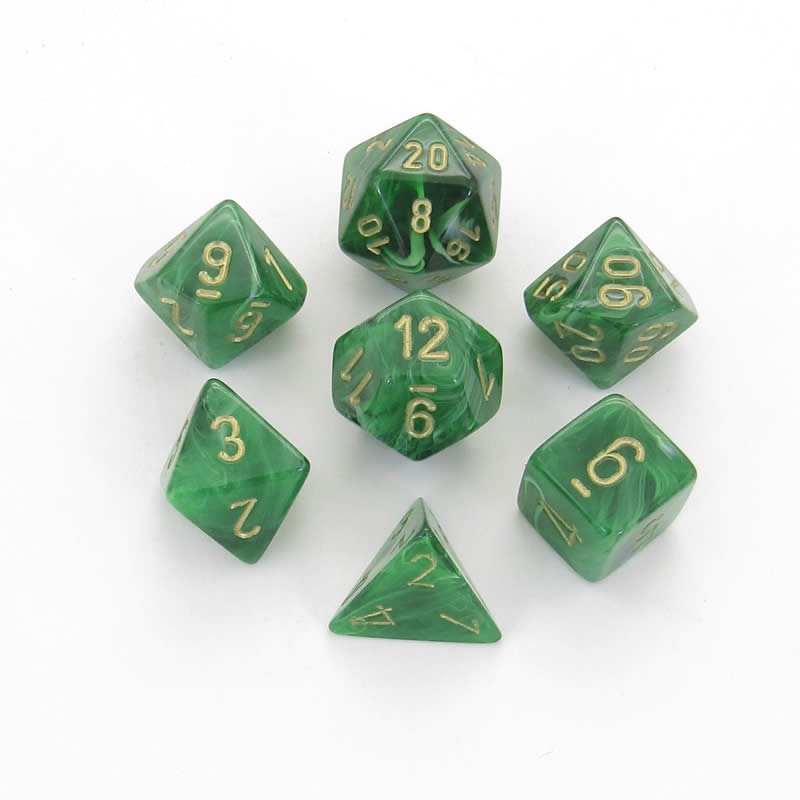Chessex Dice: 7 Die Set - Vortex - Green with Gold (CHX 27435) - Gamescape