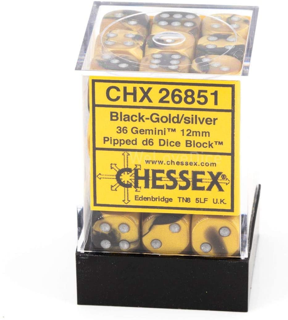 Chessex Dice: D6 Block 12mm - Gemini - Black-Gold with Silver (CHX 26851) - Gamescape