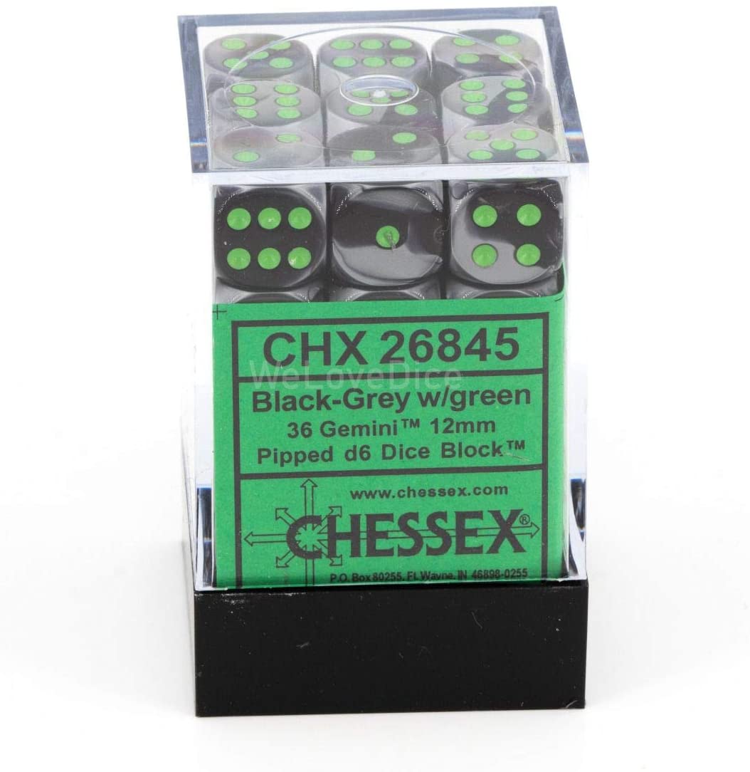 Chessex Dice: D6 Block 12mm - Gemini - Black-Grey with Green (CHX 26845) - Gamescape
