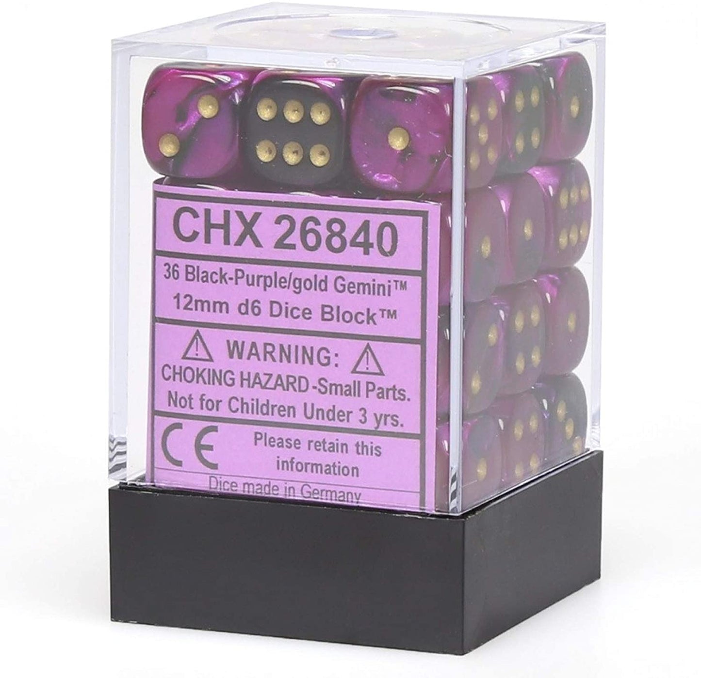 Chessex Dice: D6 Block 12mm - Gemini - Black-Purple with Gold (CHX 26840) - Gamescape