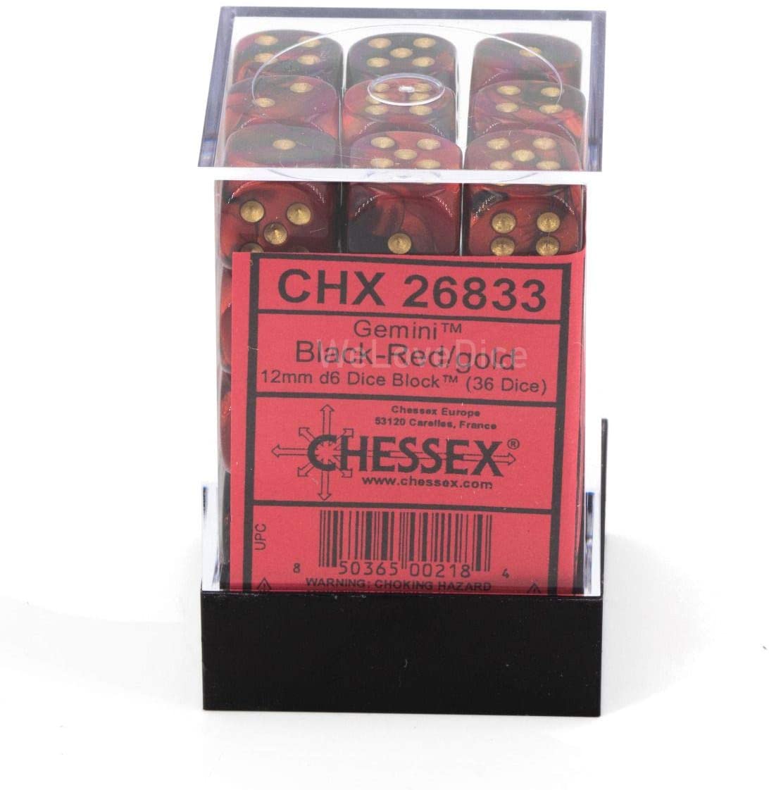 Chessex Dice: D6 Block 12mm - Gemini - Black-Red with Gold (CHX 26833) - Gamescape