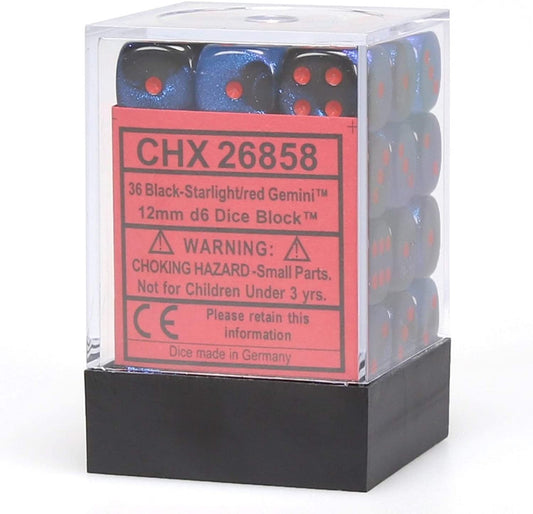 Chessex Dice: D6 Block 12mm - Gemini - Black Starlight with Red (CHX 26858) - Gamescape