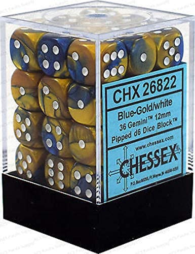Chessex Dice: D6 Block 12mm - Gemini - Blue-Gold with White (CHX 26822) - Gamescape