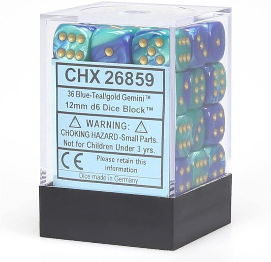 Chessex Dice: D6 Block 12mm - Gemini - Blue-Teal with Gold (CHX 26859) - Gamescape