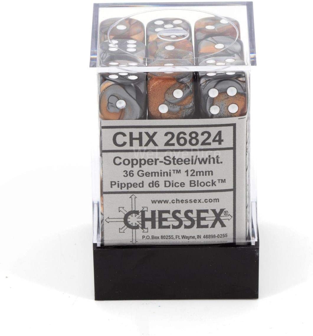 Chessex Dice: D6 Block 12mm - Gemini - Copper-Steel with White (CHX 26824) - Gamescape