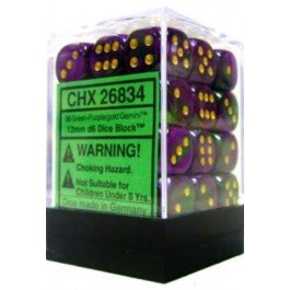 Chessex Dice: D6 Block 12mm - Gemini - Green-Purple with Gold (CHX 26834) - Gamescape
